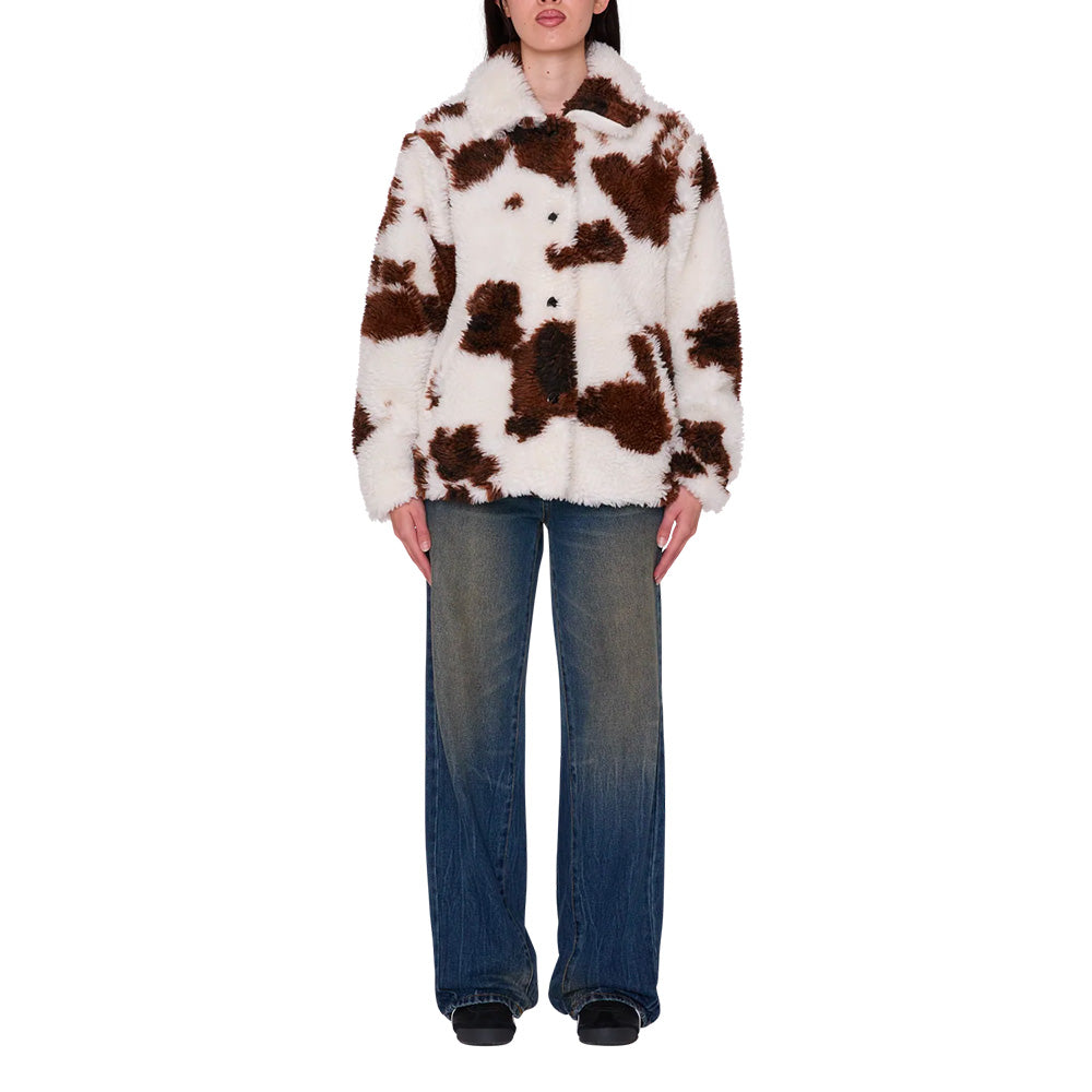 obey snolie sherpa short coat cow print