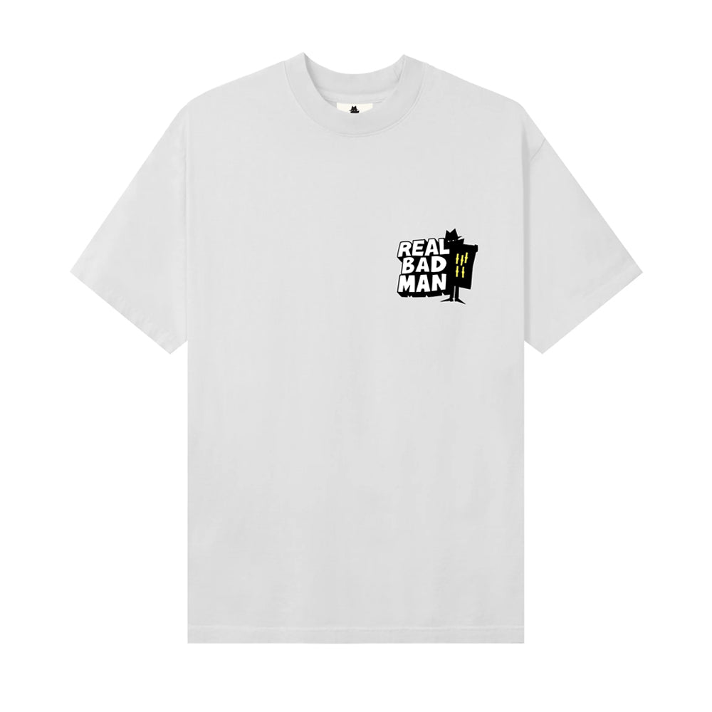 REAL BAD MAN REAL BAD MAN WHO GOES THERE TEE // WHITE