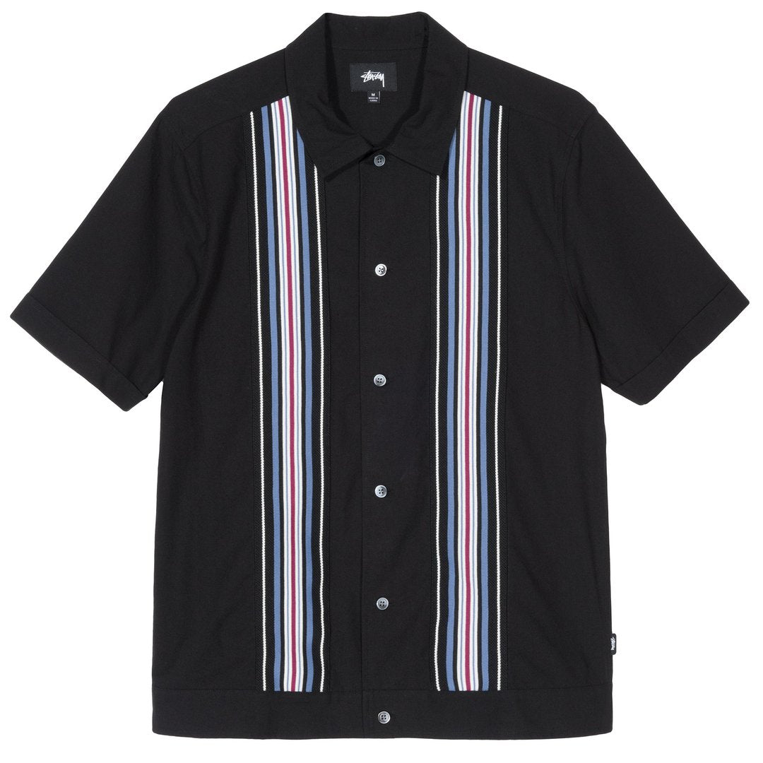 stussy 1110093 striped knit panel shirt black