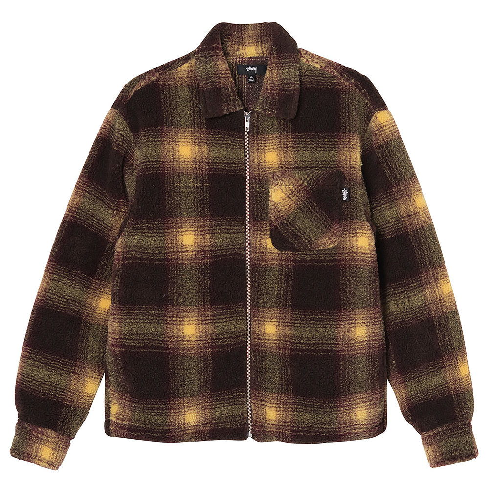 stussy 1110224 shadow plaid sherpa zip shirt brown
