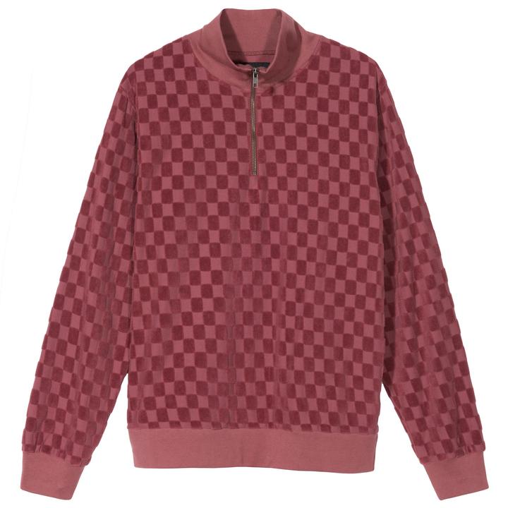 stussy 1140177 check ls zip mock maroon
