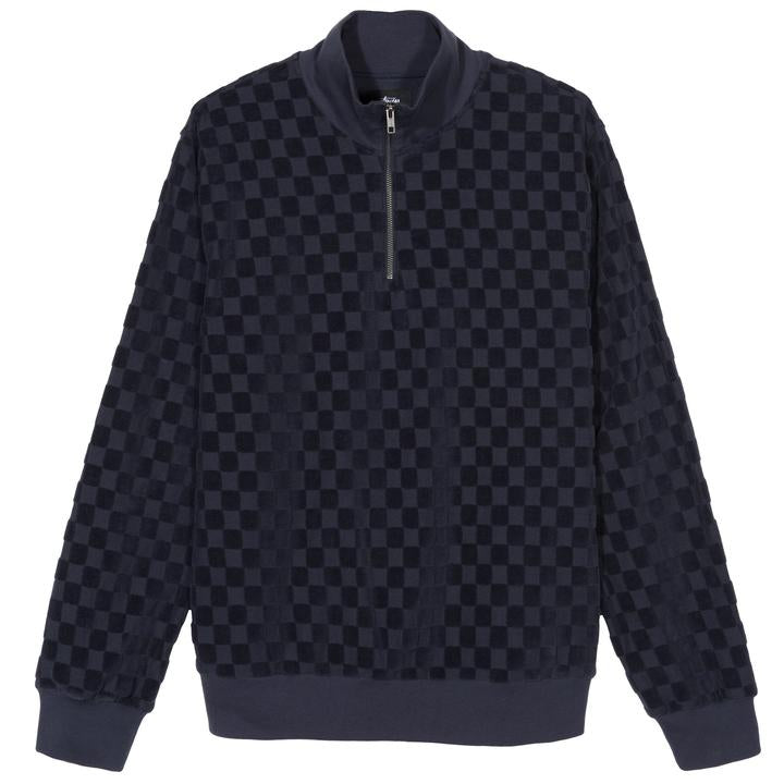 stussy 1140177 check ls zip mock navy