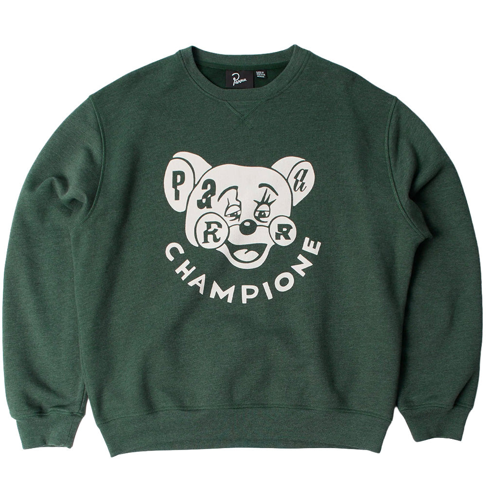 BY PARRA BY PARRA TIRED CHAMPIONE CREWNECK SWEATSHIRT // PINE GREEN