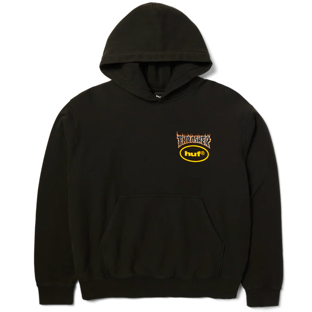 huf pf00827 x thrasher meltdown heavyweight hoodie washed black