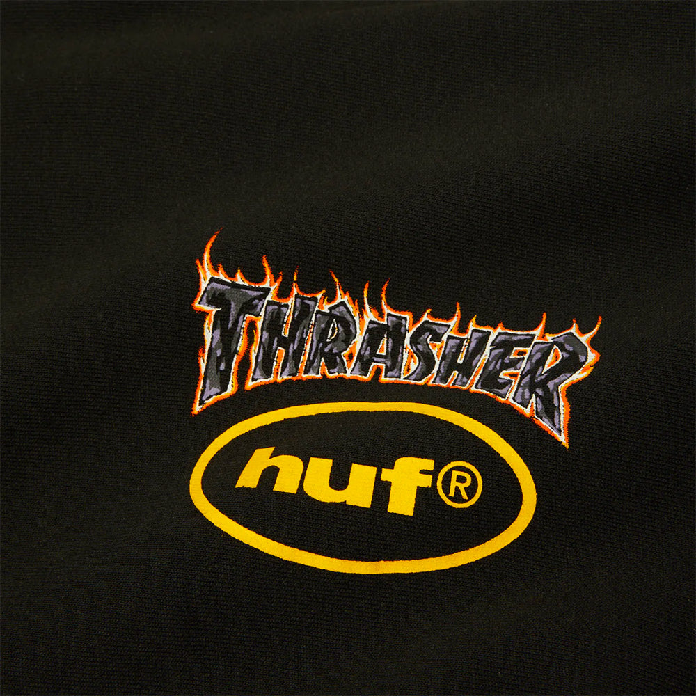 huf pf00827 x thrasher meltdown heavyweight hoodie washed black