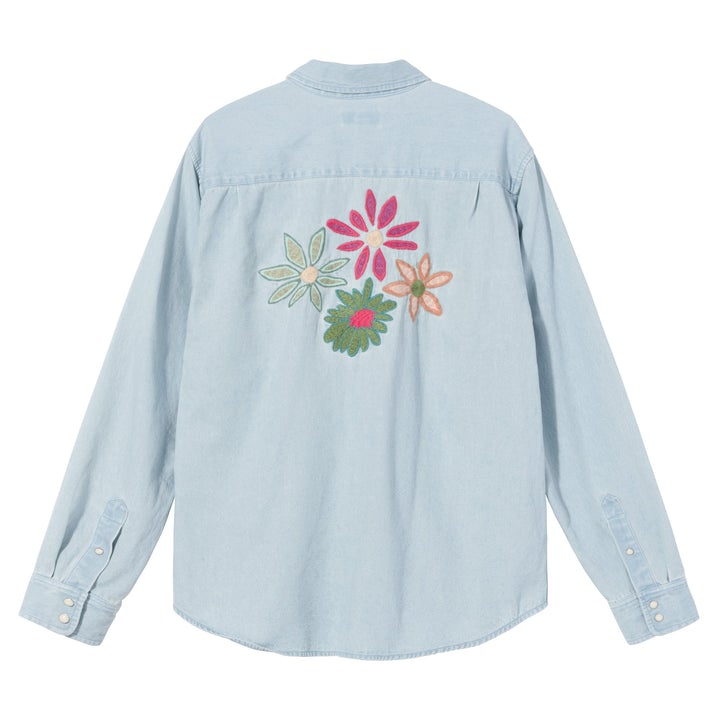 STÜSSY FLOWER EMBROIDERED DENIM LS SHIRT // LIGHT BLUE