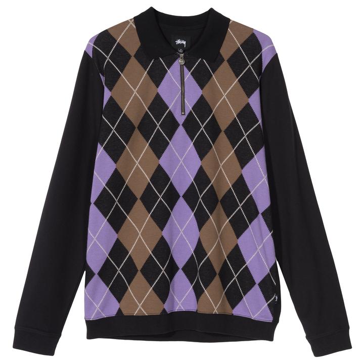 STÜSSY ARGYLE ZIP L/S POLO // BLACK